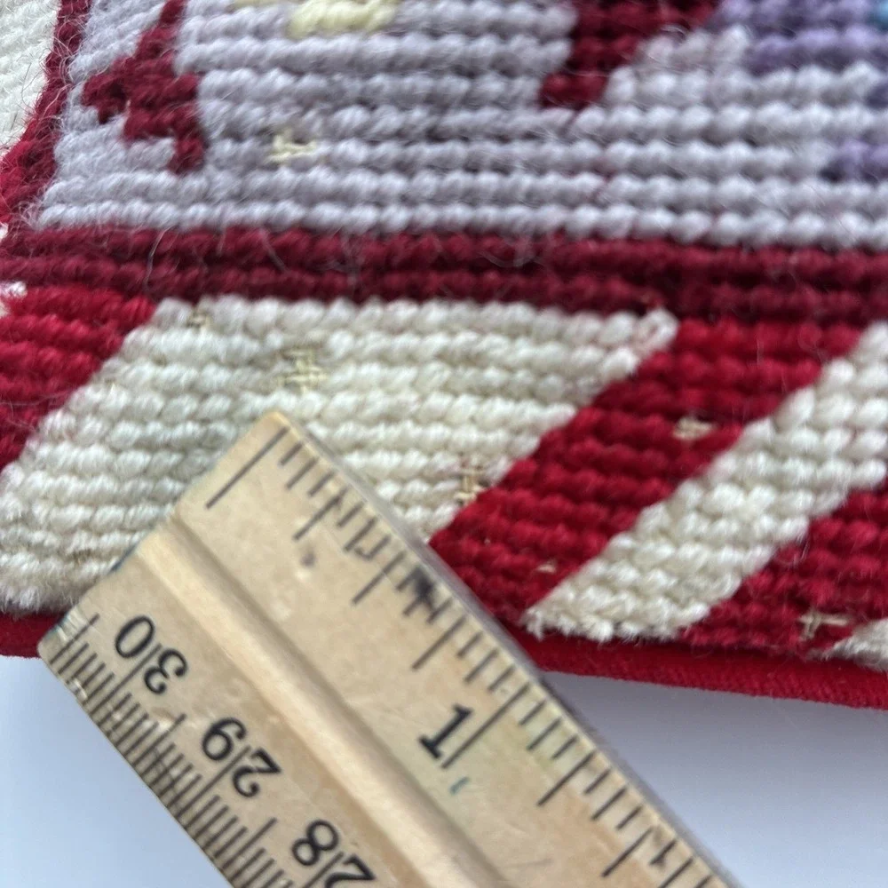 Vintage Christmas Needlepoint Pillow Golden Retriever Puppy in Boot Red Velvet